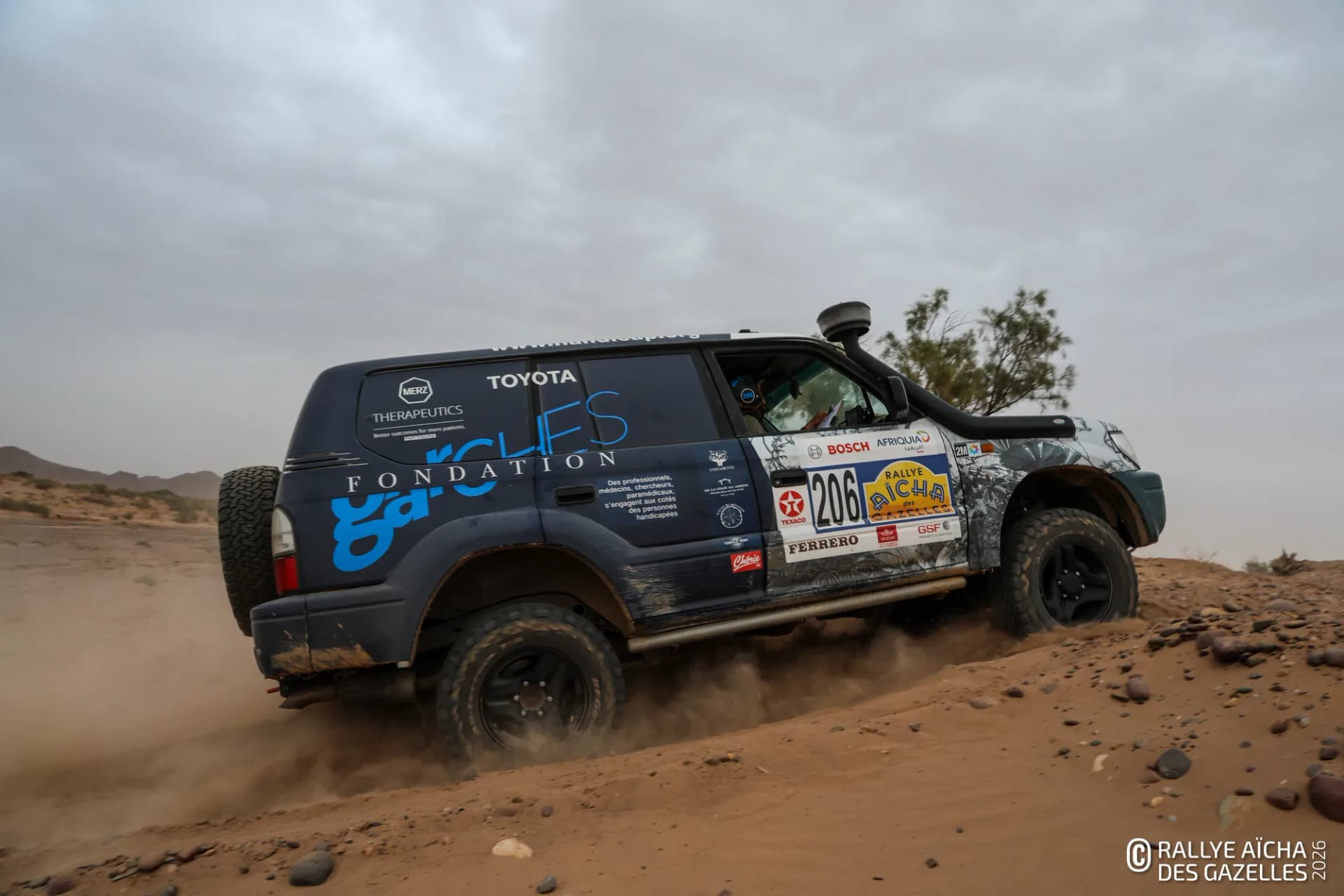 Le Toyota 206 aux couleurs de la Fondation Garches en action sur une piste de sable, étape 5