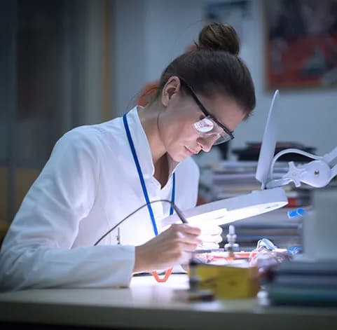 Chercheur travaillant sur des composants électroniques en laboratoire