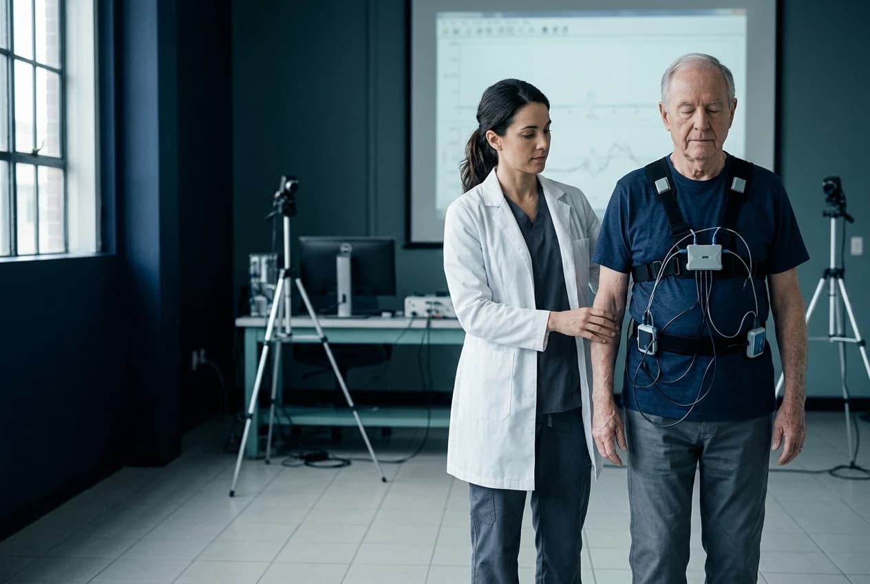 Patient en séance d'évaluation posturale avec dispositif d'analyse du mouvement